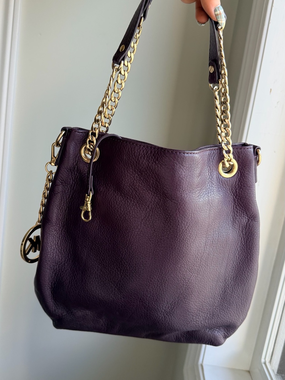 Michael Kors Plum Leather Shoulder Bag with Gold Chain Straps